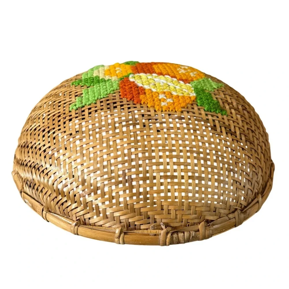 Vintage Woven Rattan Basket Yarn Embroidered Floral Folk Art Boho Wall Decor